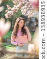 Stylish young woman standing under blooming magnolia trees in a Prague park. A modern take on fashion, nature, and city vibes in spring 138936935