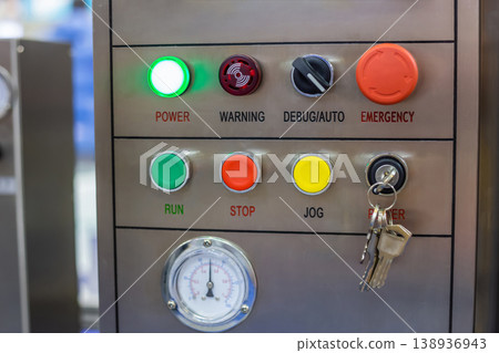Machine control panel with push buttons and switches at factory Machine control panel with push buttons and switches at factory 138936943