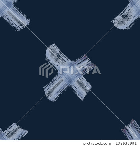 Seamless pattern with cross-shaped brush strokes on a dark blue background. Watercolor illustration of spots of gray paint in the grunge style. Background for wallpaper, packaging, men's textiles and Seamless pattern with cross-shaped brush strokes on a dark blue background. Watercolor illustration of spots of gray paint in the grunge style. Background for wallpaper, packaging, men's textiles and 138936991