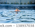 Woman swimming breaststroke in outdoor pool, front view at water level, concept of active lifestyle, fitness training, endurance and wellness in cold water 138937038
