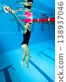 Professional swimmer underwater in pool, practicing technique with arms raised. Side view of athlete in pink cap and goggles, black swimsuit, blue water and lane divider, sport training concept 138937046
