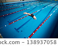 Male swimmer entering water after dive during sprint start. Athlete in streamlined position breaking surface, indoor swimming pool lanes, fast competition and training action concept 138937058