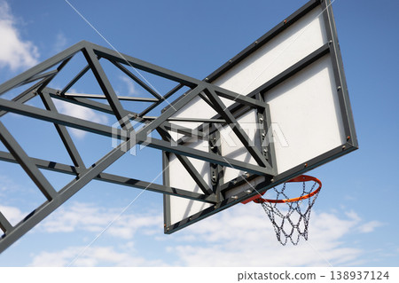 Modern Basketball Hoop and Backboard Under a Clear Blue Sky 138937124