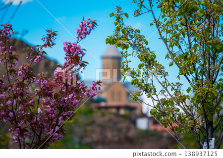 Distant view of a stone church tower framed by pink cherry blossoms and green leaves under a blue sky Distant view of a stone church tower framed by pink cherry blossoms and green leaves under a blue sky 138937125