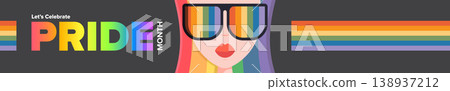 Pride Month rock star girl wide horizontal banner. Rainbow sunglasses and lightning earrings with Celebrate Pride Month text. Vector woman for LGBTQ community diversity and social media. Pride Month rock star girl wide horizontal banner. Rainbow sunglasses and lightning earrings with Celebrate Pride Month text. Vector woman for LGBTQ community diversity and social media. 138937212