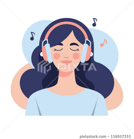 Young happy woman listening to music with headphones. Illustration. 138937355