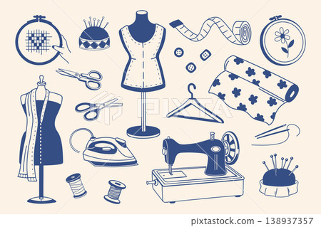 Sewing tools and accessories collection. Set of sewing icons. Blue sketch. Sewing tools and accessories collection. Set of sewing icons. Blue sketch. 138937357