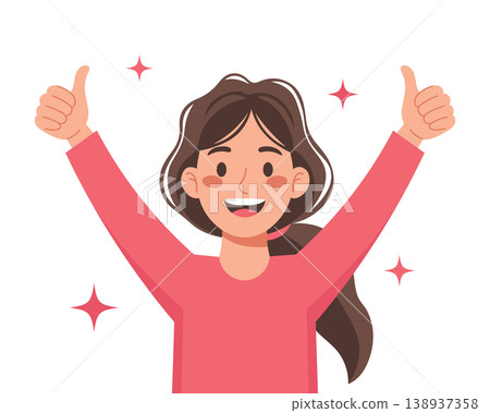 Happy young woman with thumbs up in victory celebration. Illustration. Happy young woman with thumbs up in victory celebration. Illustration. 138937358