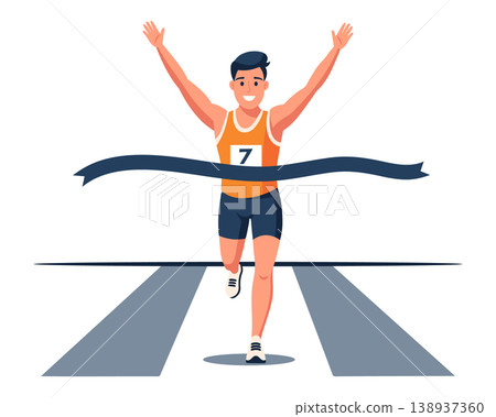 Happy man in sportswear crossing finish line. Victory celebration. Illustration. 138937360