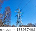 An electric power transmission pole with wires in a cloudless spring sky 138937408