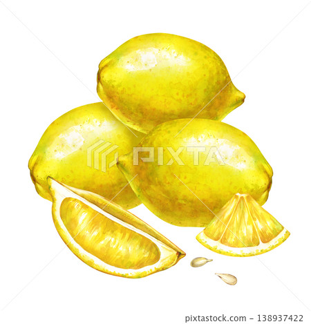 Hand-painted watercolor composition with bright ripe lemons, whole and sliced slices and seeds on an isolated background. 138937422