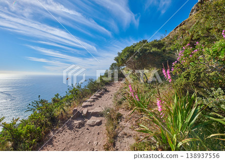 Beautiful mountain trail for hiking and adventure. Explore the rough terrain and mountainous beauty of the coast. Take a scenic journey in the isolated nature reserve of Table Mountain National park Beautiful mountain trail for hiking and adventure. Explore the rough terrain and mountainous beauty of the coast. Take a scenic journey in the isolated nature reserve of Table Mountain National park 138937556