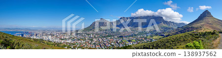Panoramic scene of Cape Town, South Africa. Table Mountain, Lions Head and Signal Hill against a blue sky background, overlooking the city. Aerial view of the urban and natural environments Panoramic scene of Cape Town, South Africa. Table Mountain, Lions Head and Signal Hill against a blue sky background, overlooking the city. Aerial view of the urban and natural environments 138937562