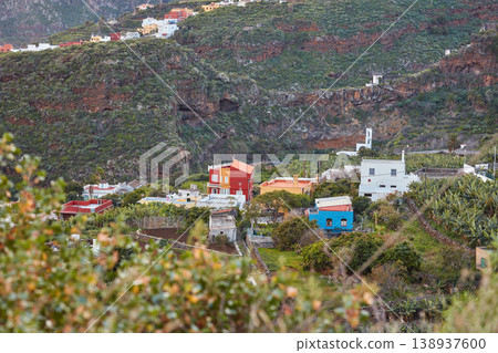 A small vibrant town or village surrounded by lush green plants or nature on an overcast afternoon in the mountains. View of the beautiful city of Los Llanos, La Palma, and the Canary Islands A small vibrant town or village surrounded by lush green plants or nature on an overcast afternoon in the mountains. View of the beautiful city of Los Llanos, La Palma, and the Canary Islands 138937600