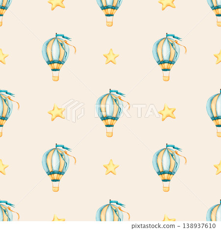 Seamless pattern with hot air balloons and stars. Childish wallpaper stars and Hot air Balloon. Watercolor illustration of floating balloons for kids goods, kids wallpaper, wrapping paper Seamless pattern with hot air balloons and stars. Childish wallpaper stars and Hot air Balloon. Watercolor illustration of floating balloons for kids goods, kids wallpaper, wrapping paper 138937610