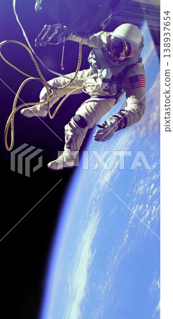 Astronaut, person in outer space and Earth, universe and aerospace with cable, engineering and galaxy exploration. Universe, globe and planet with mission, cosmos and floating in no gravity in suit Astronaut, person in outer space and Earth, universe and aerospace with cable, engineering and galaxy exploration. Universe, globe and planet with mission, cosmos and floating in no gravity in suit 138937654