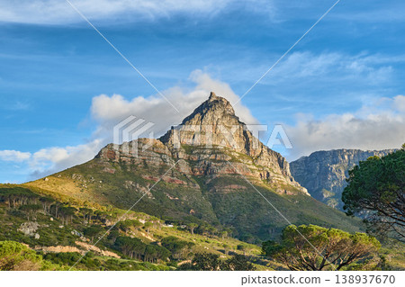 Copyspace landscape view of mountain with lush trees and plants. Beautiful scenic popular natural landmark and tourist attraction for hiking and adventure on Table Mountain in Cape Town, South Africa Copyspace landscape view of mountain with lush trees and plants. Beautiful scenic popular natural landmark and tourist attraction for hiking and adventure on Table Mountain in Cape Town, South Africa 138937670