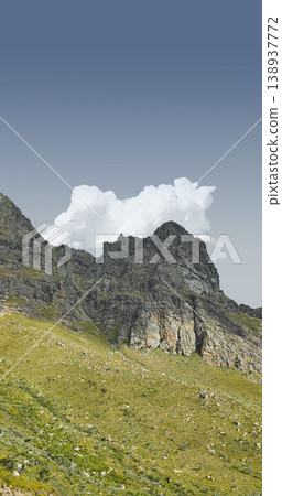Panorama of Lions Head mountain in Cape Town, South Africa during summer holiday from below. Scenic landscape view of the top of a hill on a cloudy day from a low angle. Exploring nature and the wild 138937772