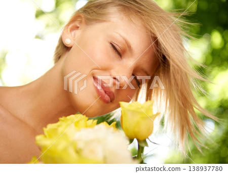 Thinking, nature and happy woman in garden with flowers for holiday in spring in outdoor floral forest. Smile, calm and face of girl smelling roses in countryside in sunshine on vacation to relax. Thinking, nature and happy woman in garden with flowers for holiday in spring in outdoor floral forest. Smile, calm and face of girl smelling roses in countryside in sunshine on vacation to relax. 138937780