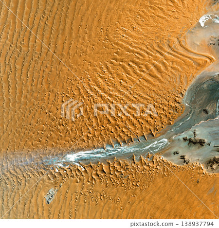 Space, water on mars and satellite footage of a landscape on a planet in our solar system for surveillance. Map, desert and science with a river on the ground from above in the galaxy or cosmos 138937794