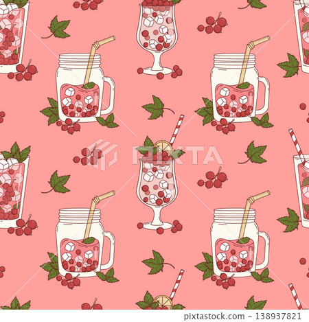 Red Currant Summer Drinks Seamless Pattern. Fresh Cocktail with Ice Cubes, Berries, Mint and Lemon on Pink Background. Square template. Vector Illustration Red Currant Summer Drinks Seamless Pattern. Fresh Cocktail with Ice Cubes, Berries, Mint and Lemon on Pink Background. Square template. Vector Illustration 138937821