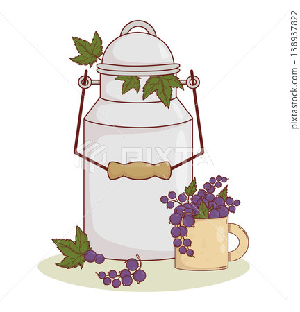 Vintage Metal Can and Ceramic Cup With Black Currant Berries. Rustic Summer Harvest. Eco Friendly Organic Food Berry. Vector Illustration. Countryside Lifestyle. Vintage Metal Can and Ceramic Cup With Black Currant Berries. Rustic Summer Harvest. Eco Friendly Organic Food Berry. Vector Illustration. Countryside Lifestyle. 138937822