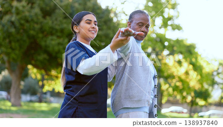 Elderly, woman and caregiver with arm stretching for exercise, workout or fitness in a park with smile. People, professional or nurse with activity for physiotherapy, wellness and health in nature Elderly, woman and caregiver with arm stretching for exercise, workout or fitness in a park with smile. People, professional or nurse with activity for physiotherapy, wellness and health in nature 138937840