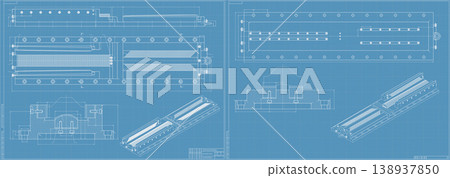 Mechanical engineering drawings on blue background. Cutting tools, milling cutter. Technical Design. Cover. Blueprint. Horizontal seamless pattern. Vector illustration. Mechanical engineering drawings on blue background. Cutting tools, milling cutter. Technical Design. Cover. Blueprint. Horizontal seamless pattern. Vector illustration. 138937850