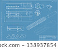 Mechanical engineering drawings on blue background. Cutting tools, milling cutter. Technical Design. Cover. Blueprint. Horizontal seamless pattern. Vector illustration. 138937854