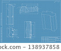 Mechanical engineering drawings on blue background. Cutting tools, milling cutter. Technical Design. Cover. Blueprint. Horizontal seamless pattern. Vector illustration. 138937858