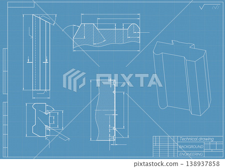 Mechanical engineering drawings on blue background. Cutting tools, milling cutter. Technical Design. Cover. Blueprint. Horizontal seamless pattern. Vector illustration. 138937858