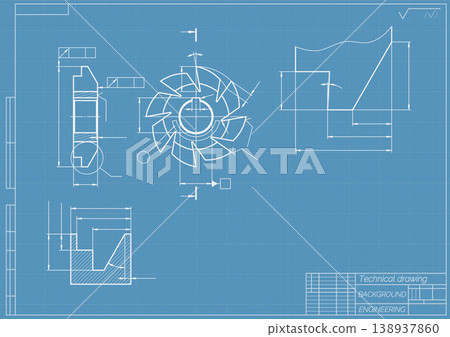 Mechanical engineering drawings on blue background. Cutting tools, milling cutter. Technical Design. Cover. Blueprint. Horizontal seamless pattern. Vector illustration. 138937860