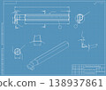 Mechanical engineering drawings on blue background. Cutting tools, milling cutter. Technical Design. Cover. Blueprint. Horizontal seamless pattern. Vector illustration. 138937861