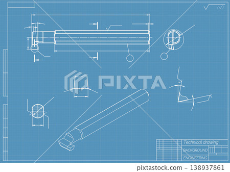 Mechanical engineering drawings on blue background. Cutting tools, milling cutter. Technical Design. Cover. Blueprint. Horizontal seamless pattern. Vector illustration. 138937861