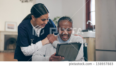 Tablet, discussion and nurse with patient for research on medical diagnosis in nursing home. Consultation, digital technology and female caregiver talk to senior black woman in rehabilitation clinic. 138937883