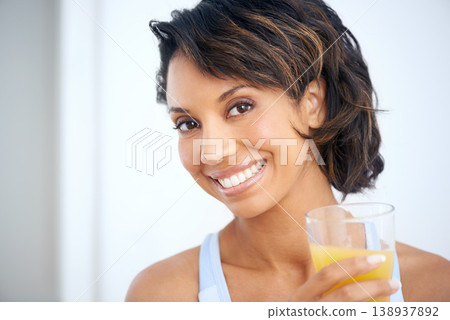 Orange juice, glass and happy woman portrait with health breakfast, nutrition and vitamin c benefits for energy. Brazil nutritionist, wellness and glow face with fruit drink, detox and antioxidant 138937892