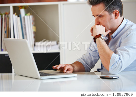 Business man, laptop and stress with reading for fail, financial depression or mistake on budget with bad news. Accountant, pc and anxiety for crisis, glitch or fear for debt, bankruptcy or burnout Business man, laptop and stress with reading for fail, financial depression or mistake on budget with bad news. Accountant, pc and anxiety for crisis, glitch or fear for debt, bankruptcy or burnout 138937909