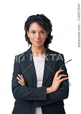 Businesswoman, arms crossed and portrait in studio as confident financial manager or professional career clothes, proud or style. Black person, face and employee as mockup, white background for smile Businesswoman, arms crossed and portrait in studio as confident financial manager or professional career clothes, proud or style. Black person, face and employee as mockup, white background for smile 138937944