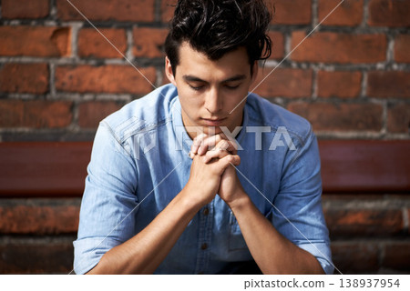 Man, hands and meditation or praying for faith, worship and spirituality for soul, support and belief. Male person, confession and hope for forgiveness from god, gratitude and trust in religion 138937954