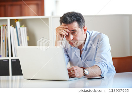 Businessman, laptop and stress or anxiety at office, email and online research on technology. Mature man, frustrated and crisis on digital, problem and issues or glitch, 404 error and connection fail 138937965