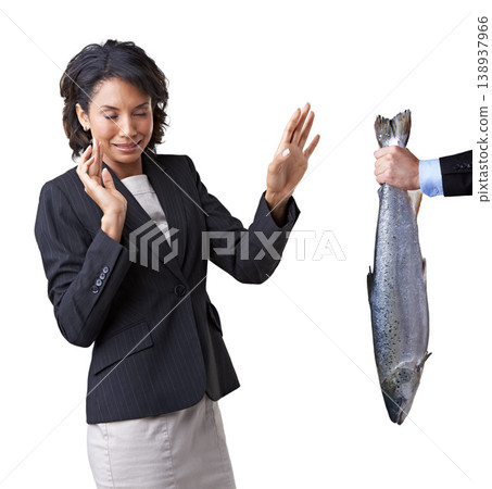 Woman, business or bribery reject or corporate dirty work, fish or offer disgust corruption crime. Black person, hand or steal opportunity refuse or stink task as mockup, white background in studio 138937966