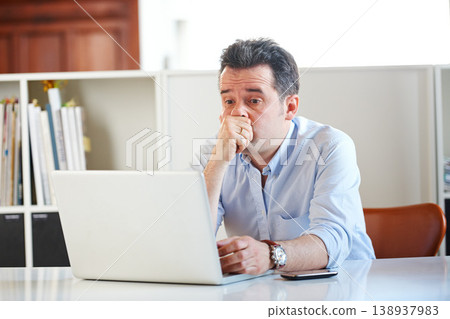 Businessman, laptop and stress or fear at office, email and online research on technology. Mature man, frustrated and anxiety on digital, problem and issues or glitch, 404 error and connection fail 138937983