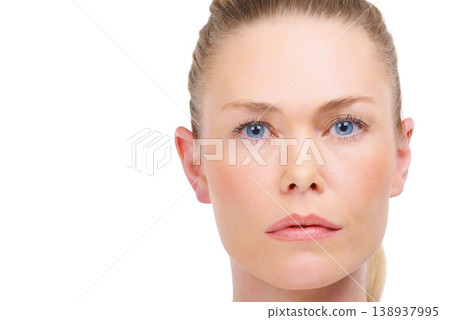 Portrait, beauty and space with a woman in studio isolated on a white background for natural skincare. Face, aesthetic and a serious young model on mockup for marketing or advertising spa treatment 138937995