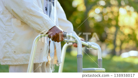 Hands, walking frame and a senior person in a garden outdoor in summer closeup during retirement. Wellness, rehabilitation or recovery and an elderly adult with a disability in the park for peace Hands, walking frame and a senior person in a garden outdoor in summer closeup during retirement. Wellness, rehabilitation or recovery and an elderly adult with a disability in the park for peace 138938017