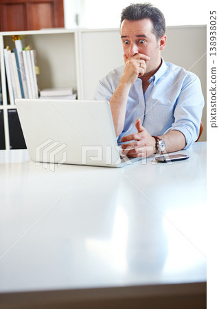 Business man, laptop and stress with shock, fail or financial depression for mistake, budget or bad news. Accountant, computer and crisis with anxiety, thinking and fear for debt, bankruptcy and wow 138938025