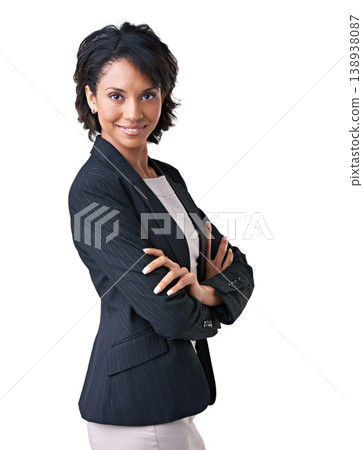 Businesswoman, arms crossed and portrait confident smile in studio, professional agency manager on white background. Black person, face and corporate job career jacket, formal fashion as mockup space 138938087