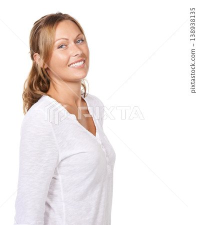 Portrait, woman and smile with beauty, calm and lady isolated on a white studio background. Face, girl and model with casual outfit, mockup space and happiness with peace, Canada and cheerful Portrait, woman and smile with beauty, calm and lady isolated on a white studio background. Face, girl and model with casual outfit, mockup space and happiness with peace, Canada and cheerful 138938135