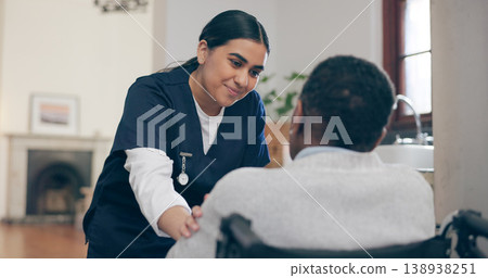 Consultation, healthcare and nurse with patient in a wheelchair for discussion at nursing home. Medical career, conversation and young female caregiver talking to woman with disability in her house. Consultation, healthcare and nurse with patient in a wheelchair for discussion at nursing home. Medical career, conversation and young female caregiver talking to woman with disability in her house. 138938251