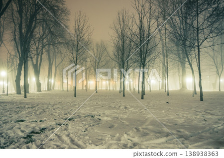 Lawn in the snow and alley of a night winter park in a fog. Footpath in a winter city park at night in fog with benches and latterns. Beautiful foggy evening in the Mariinsky Park. Kyiv, Ukraine. Lawn in the snow and alley of a night winter park in a fog. Footpath in a winter city park at night in fog with benches and latterns. Beautiful foggy evening in the Mariinsky Park. Kyiv, Ukraine. 138938363