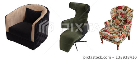 armchair isolate on a transparent background, comfortable furniture for home interior, 3D illustration, cg render armchair isolate on a transparent background, comfortable furniture for home interior, 3D illustration, cg render 138938410